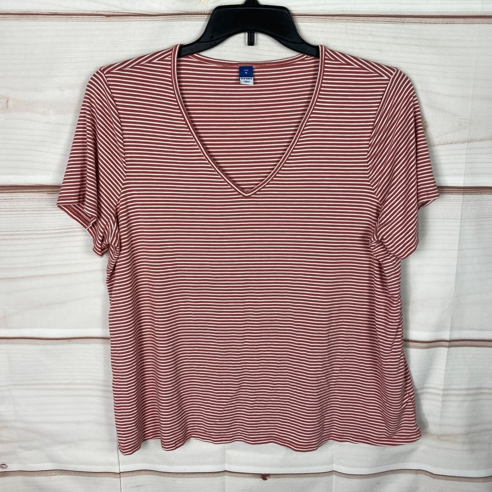 Old Navy Top Womens XL Pink White Stripe T-Shirt V-Neck Luxe Short Sleeve Knit